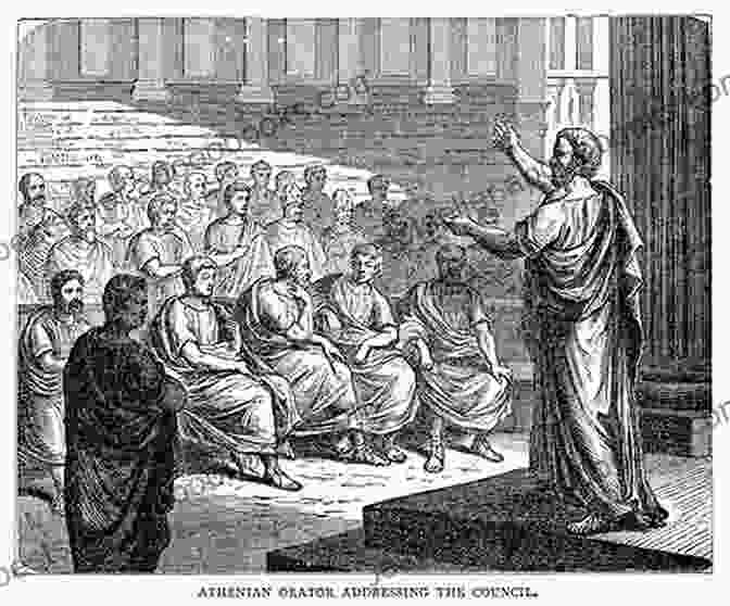 A Depiction Of An Orator Addressing A Crowd In Ancient Greece, Gesturing Passionately While Delivering A Persuasive Speech. Studies On Greek Law Oratory And Comedy