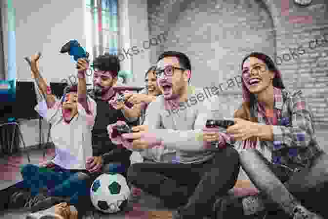 A Group Of People Playing Video Games Together, Smiling And Having Fun. Playful Disruption Of Digital Media (Gaming Media And Social Effects)