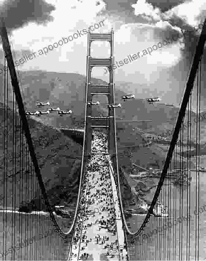 Black And White Photograph Of The Golden Gate Bridge On Its Opening Day, Filled With Jubilant Pedestrians And Vehicles. Historic Photos Of The Golden Gate Bridge